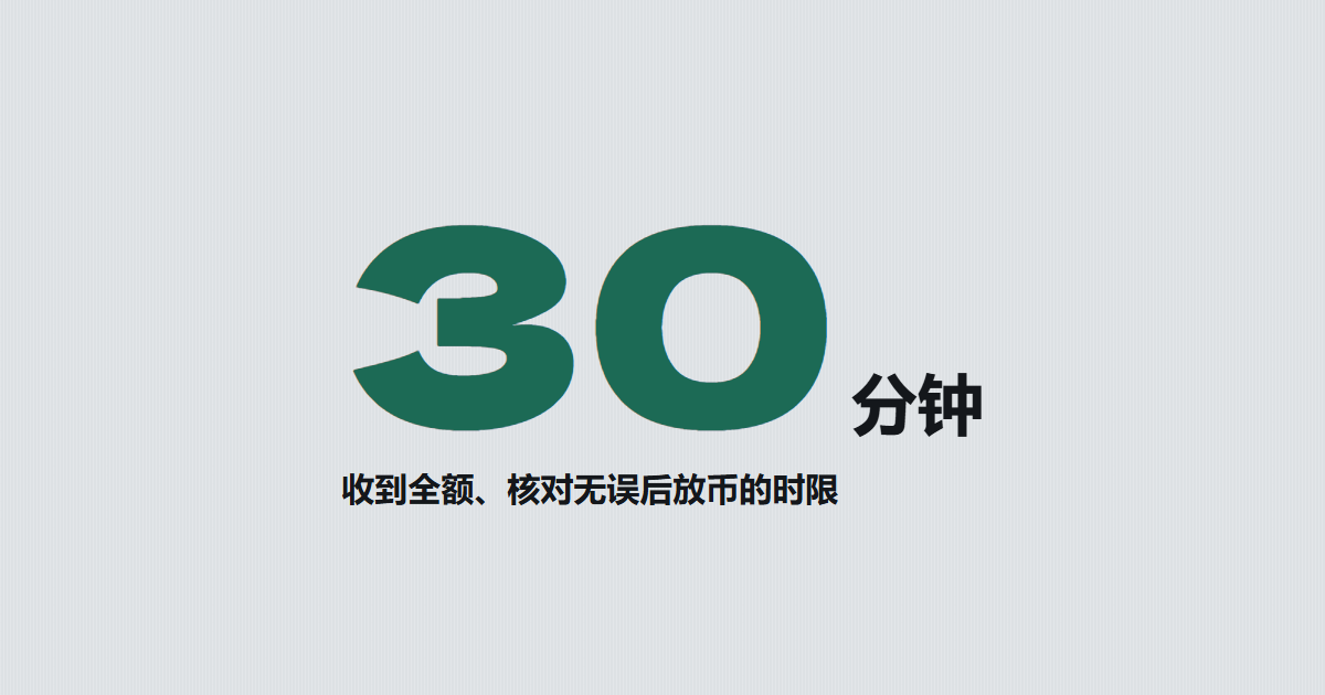 30 分钟:卖方收到全额付款、核对无误后放币的时限